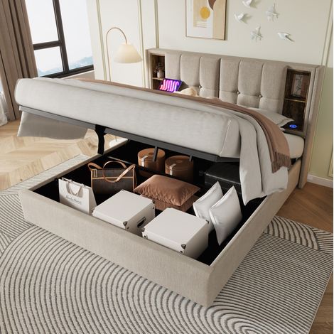 Bett mit Stauraum Leinen Natur 180x200 cm, Polsterbett mit kabellosem Laden, USB-C und Lattenrost (1/5)
