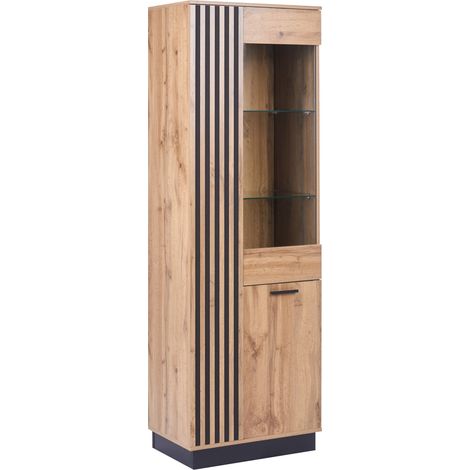 Vitrina moderna 2 puertas alta y estrecha 4 estantes de MDF con acabado melamínico sala de estar comedor marrón Manaia