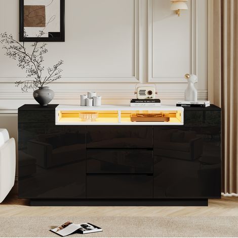 OKWISH Sideboard Schwarz mit LED, 2 Türen, 3 Schubladen und Regalen, 140 x 40 x 68 cm (1/5)