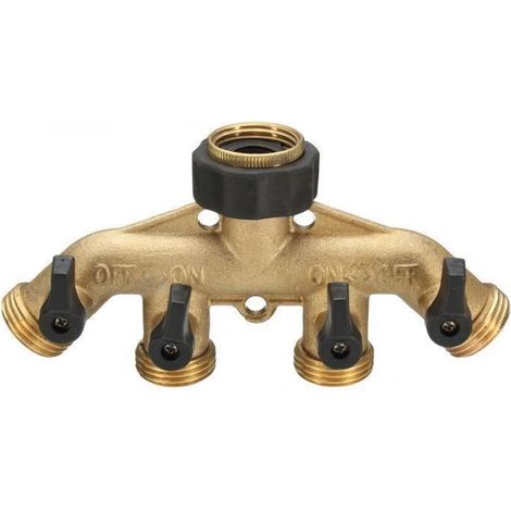 Raccord Robinet Jardin - 4 Voies Laiton Massif - Pour Robinet BSP 3/4 Pouces - Irrigation Extérieure - 1 Pièce (1/3)