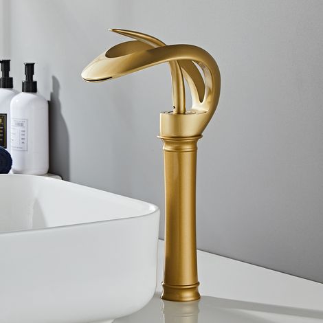 Robinet de lavabo moderne et élégant en forme de cascade pour salle de bain avec poignée unique en laiton massif doré