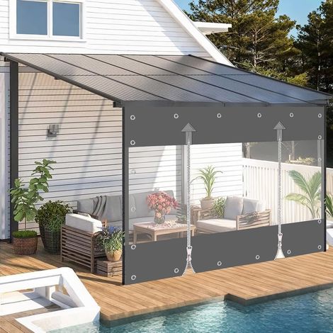 Bâche transparente en PVC 650 g/m², rideau d'extérieur avec fermeture éclair, bâche de protection imperméable, protection contre le vent et la pluie pour pavillon, balcons, terrasses (gris, hauteur (1/5)
