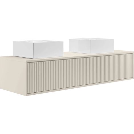 Meuble de salle de bain suspendu strié avec double vasque à poser carrée - Beige - 150 cm - ARNEGA (1/5)