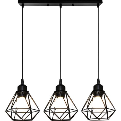 3 Lights Industrial Pendant Light Spiral Diamond Cage Shade Hanging Ceiling Lamp Chandelier for Living Room Kitchen Island Restaurant Black