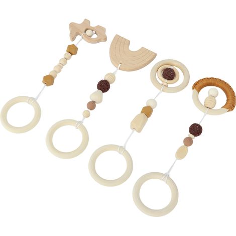 Ensemble de 4 jouets pour poussette, centre d'activités pour bébé, jouets suspendus en bois pour tout-petits, marron. (1/5)