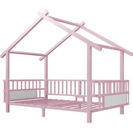 Kinder-Hausbett aus Metall 90 x 200 cm mit Sicherheitsgittern und rosa Dachrahmen MODENUIT (1/5)