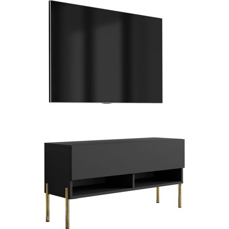 Meuble TV : Noir Mat, pieds droits dorés, 100 × 32 × 52 cm (1/5)
