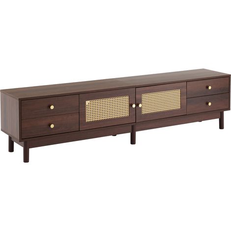 Meuble TV de 180 cm, aspect bois foncé, avec deux portes en rotin, quatre tiroirs, gestion des câbles et charnières hydrauliques – convient aux téléviseurs jusqu’à 80 pouces (1/5)