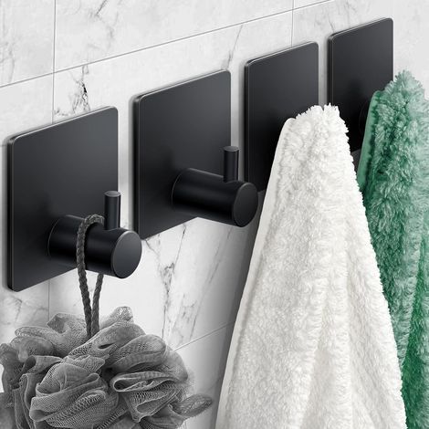 Juego de 4 ganchos adhesivos negros mate para toallas, ganchos de pared de acero inoxidable resistentes e impermeables, ganchos adhesivos para colgar abrigos/sombreros/toallas/batas de baño/llaves. (1/5)