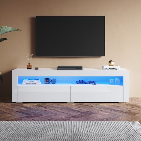 SONNI TV-Schrank mit LED-Lichtern, 2 Ausziehbaren Türen, Hochglanz Stand TV Board Geeignet für Wohnzimmer und Schlafzimmer, Weiß, 1600 x 400 x 450 mm (1/5)