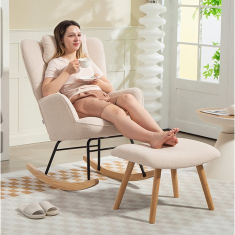 Schaukelstuhl beige mit Fußhocker 70,5x101,5x99,5 cm hohe Rückenlehne Polyester MEUBLIV (1/5)