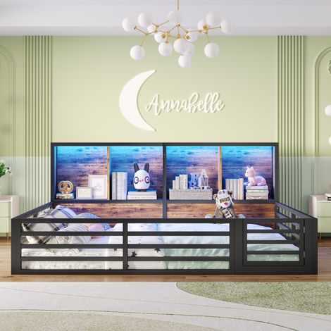 Lit enfant 140 x 200 cm avec rangements latéraux, garde-corps ouvrant, éclairage LED et structure en métal et MDF - noir (1/5)