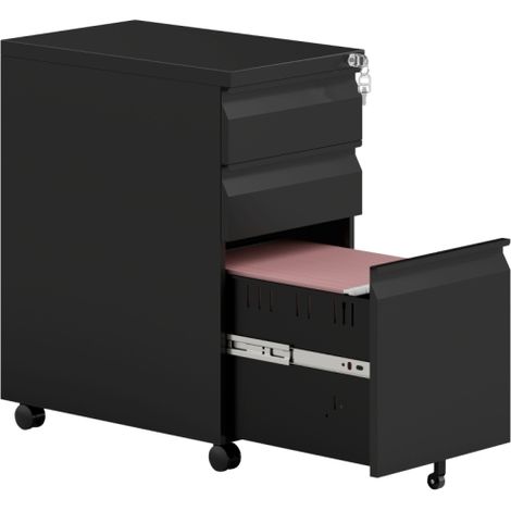 Lockable Black 3-Drawer Steel Filing Cabinet on Wheels for Easy Mobility and Secure Storage