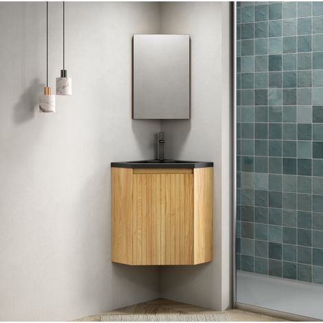 Mueble de baño con lavabo de esquina suspendido, lavabo integrado de resina negro mate, madera natural, 1 puerta (1/5)