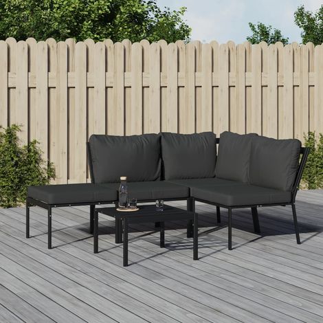Salon de jardin 5 pièces en acier noir, coussins gris, fauteuils et tables basses - PANGIVO (1/5)