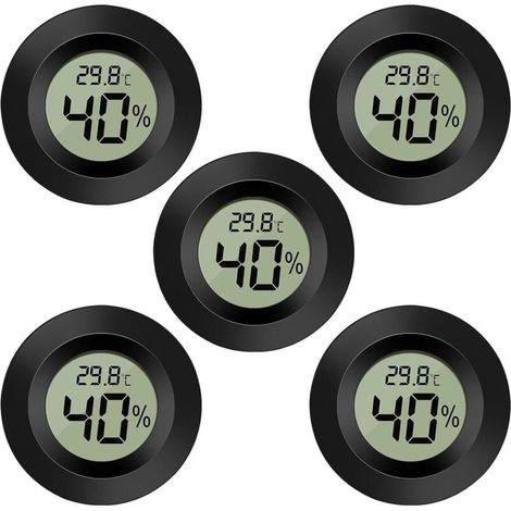 Confezione da 5 igrometri e termometri digitali LCD, misuratori di temperatura per umidificatori, deumidificatori, serre, cantine, camerette per bambini, rotondi, neri (1/4)