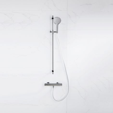 Fortifura Calvi Ensemble de douche barre curseur avec douchette ronde, flexible lisse et robinet de douche Chrome (1/5)