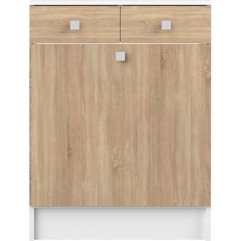 Meuble 2 tiroirs et 1 porte bac à linge décor chêne et blanc - ROOMY (1/4)