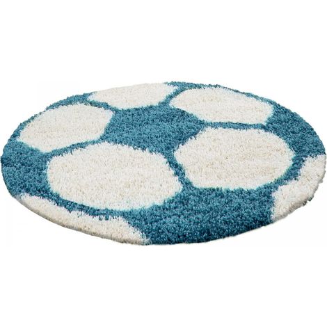 Tapis enfant tissé Ø100cm turquoise et crème rond SHAGGY FOOT