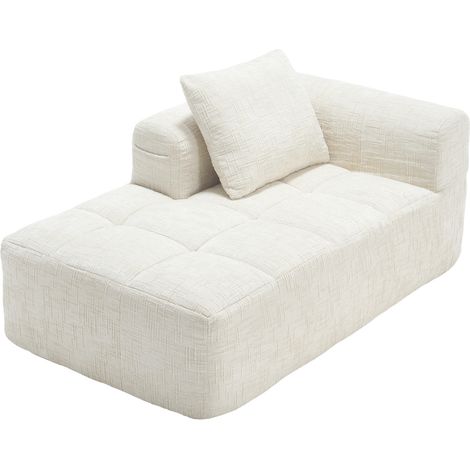 Chaise longue individual de chenilla beige, sin montaje, con cojín y bolsillos laterales (1/5)