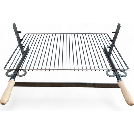 Griglia in ferro regolabile su più altezze, bistecchiera con manici in legno, per barbecue e camino per carne pesce verdure 70x45cm