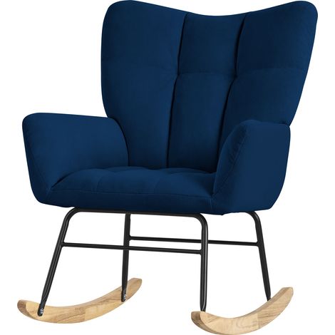 ML-Design Schaukelsessel Dunkelblau, Schaukelstuhl Frottee-Optik Bezug, Gepolsterter Schwingsessel mit Holzkufen, Relaxsessel mit Armlehnen für Wohnzimmer/Schlafzimmer/Balkon, Relaxstuhl Ohrensessel