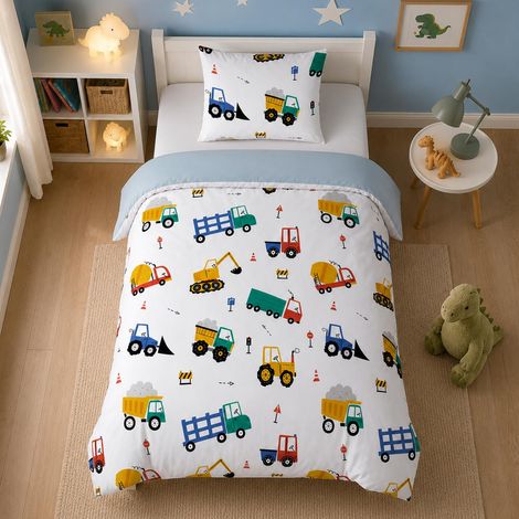 Housse de Couette Voiture 140x200 Enfant Garçon, Engins de Chantier, Camions, Pelleteuses et Grues Parure de Lit en Microfibre 1 Personne, Housse Couette avec Taie d'oreiller 65x65 (1/5)