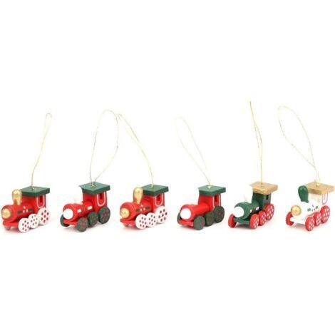 Set of 6 Cute Wooden Mini Trains, Kids Gift Toy Steam Train Red Ornament for Christmas Party Kindergarten Decorations (Red) (1/4)