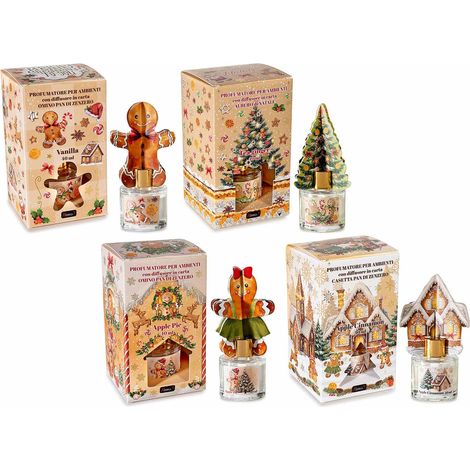 Profumatori di Natale per ambiente con diffusore 3D in carta assorbente sagomata con stampa pan di zenzero, set da 4 pezzi, Ø5cmx6,5H (con stick13,5)