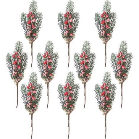 (Lot de 10) 10 pièces Bouquet de Noël Pin d'Amazonie, Baies givrées, Nœud, Corde de chanvre Accessoires pour bouquet, Branches (Baies rouges) (1/2)