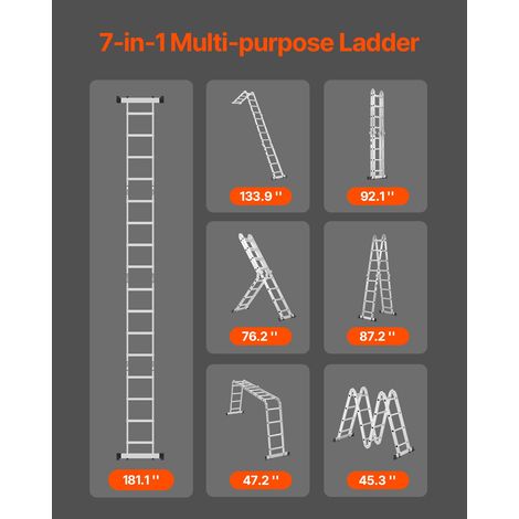 Échelle Pliante Polyvalente 7 en 1 Escabeau Télescopique Réglable avec Barre Équilibre, Hauteur de Portée 4,6 m, Charge 150 kg, Éch… (1/5)