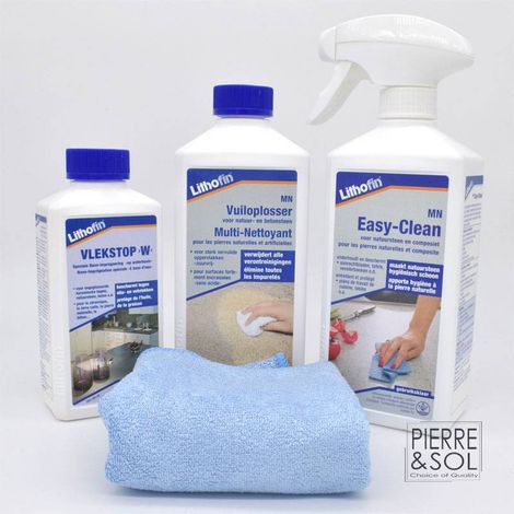 Lithofin – Kit d'entretien pour granit – MN Multi-Nettoyant 500 ml – Vlekstop W 250 ml – MN Easy-Clean spray 500 ml