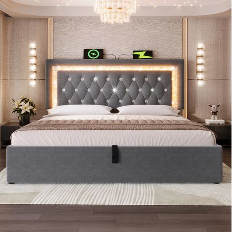 Bett 140x200 cm Polsterbett aus grauem Samt, LED-Kopfteil, USB Type-C, hydraulischer Stauraum und Lattenrost (1/5)