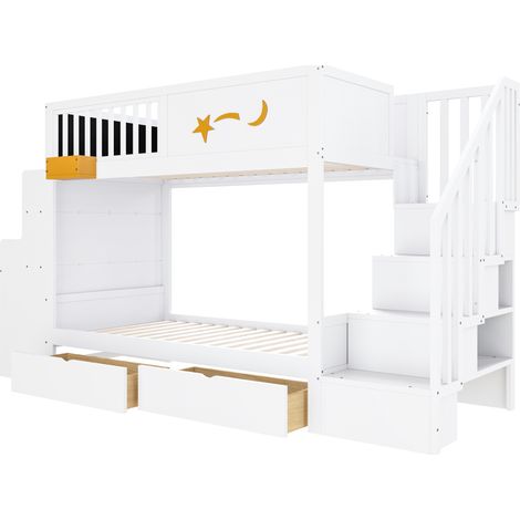 Lit Mezzanine Lit Simple avec 2 Tiroirs, Escalier de Sécurité et Bureau 90×200 cm, sans Matelas, Blanc (1/5)