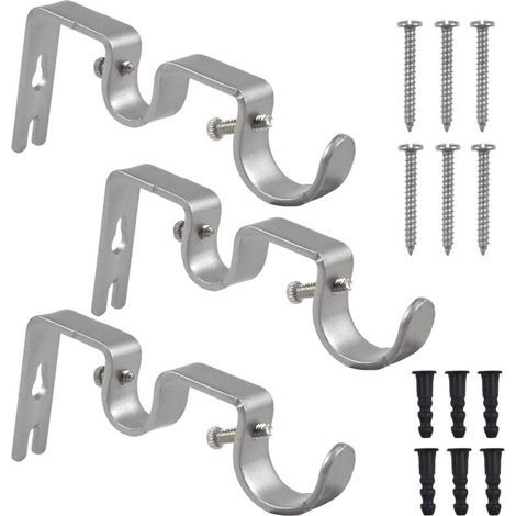 3 Pcs Support de Tringle à Rideau Double Tringle à Rideau Pole Holder Rideau Drapery Rod Supports pour Barre de Rideaux Chambre Salon avec Vis, Capacité de Transport Superbe de 25 lb, Argent (1/5)