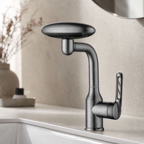 Robinet lavabo 4 jets rotatif cascade pluie mousse inox gris foncé mitigeur eau chaude froide salle de bain (1/5)