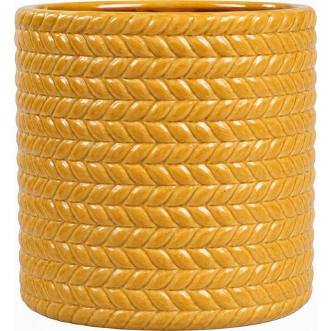 Maceta cilíndrica Ø17,5 cm de cerámica amarilla con relieve y drenaje para balcón – MEUBLIV (1/5)