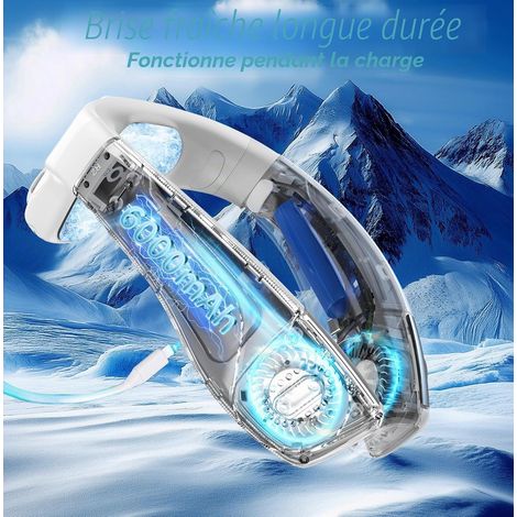 Ventilateur de Cou Portable avec Grande Glacon Plaque de Refroidissement, Silencieux Climatiseur Cou Mobile 6000mAh Rechargeable, 360° Rafra Sortie d'air Fro (1/5)