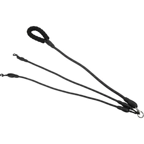 Laisse pour chien rotative à 360° avec poignée en mousse, réfléchissante, idéale pour la randonnée, le camping, le jardin et la plage. Noir, 2 têtes. (1/5)
