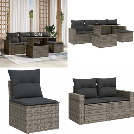 Salon de jardin 6 pcs avec coussins gris résine tressée - Ensemble Salon De Jardin - Meuble Extérieur - Jardin Design - Mobilier Résistant Aux Intempéries - Chaise Lounge - Home & Living (1/5)