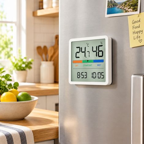 Thermo-Hygrometre Aimante pour Refrigerateur avec Horloge ABS 7 x 7 x 1.4 cm (1/4)