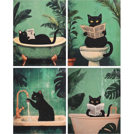 4 Pcs Drôle Chat Mur Art Image Tableau Decoration Murale Chat 20x25cm, Affiche Toilette Decoration Murale Salle de Bain Animaux Sans Cadre, Deco WC Poster Mural Chats, Art Mural Vert Vintage (1/5)