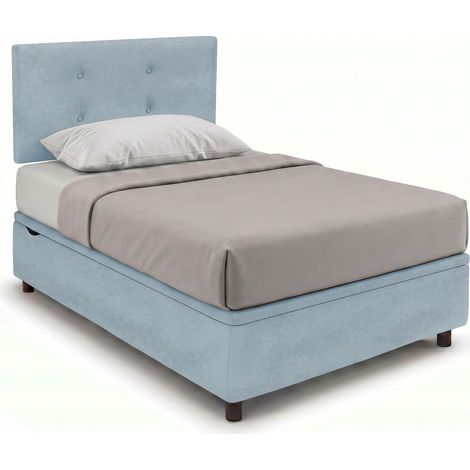 Letto Singolo Contenitore Imbottito 80x190 cm Microfibra Azzurro BoxMax Testata Button (1/5)