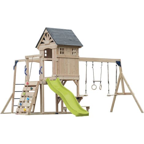 Axi Duncan Aire De Jeux En Bois, 2 Balançoires, 1 Toboggan - Vert Citron  Maisonnette / Equipement De Jeux Xxl Pour Enfants Avec Structure D'Escalade, Barres Fixes Et Trapèze  Pour Le Jardin