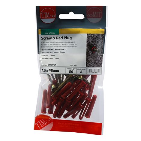 TIMCO Red Plastic Plugs with Screws - 30mm Red Plug, 4.0x40 Screw