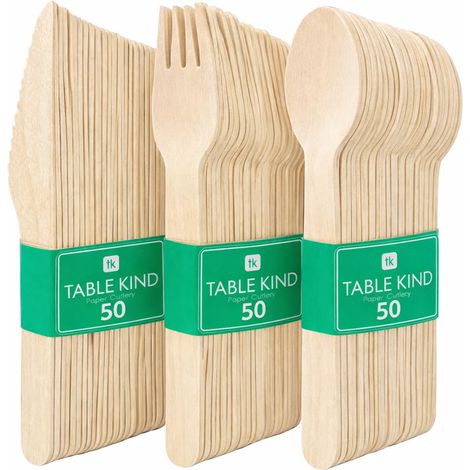 150 x Ensemble De Couverts En Bois Couteaux Fourchettes Cuillères Pour Fêtes D'Anniversaire Camping Pique-Niques, Barbecues, Ustensiles De Restauration 16 cm (1/5)