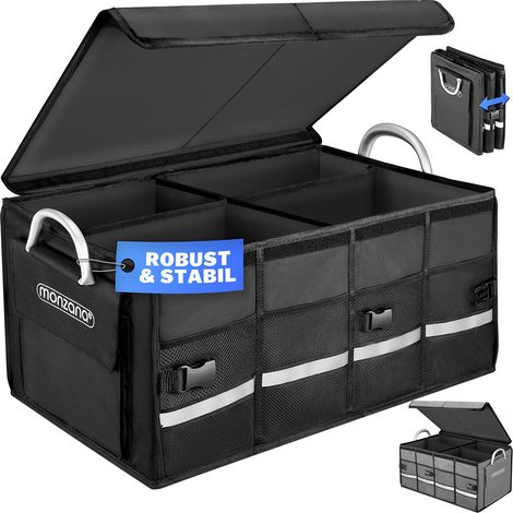 MONZANA® Kofferraumtasche Kofferraum Organizer Deckel 68L Trennwände wasserdicht faltbar verstärkte Wände rutschfest Auto Tasche 60x35x30cm schwarz (1/5)
