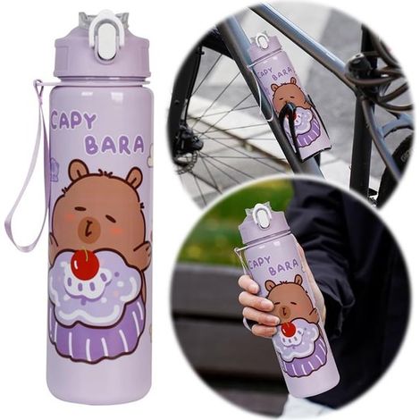 Botella de agua Capybara de 700 ml, Taza de viaje de gran capacidad, Vaso para beber con motivo de capibara, Con pajita y asa, Verde claro (1/5)
