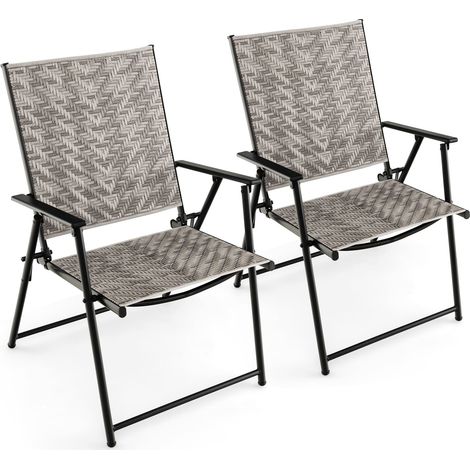 Set of 2 Patio Folding Chairs Outdoor Wicker Dining Chairs with Armrests (1/5)