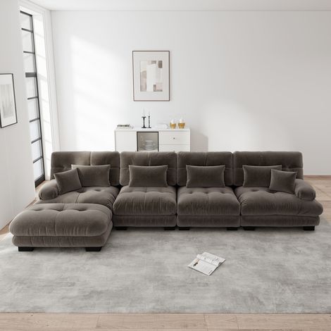 Canapé modulable d’angle marron en chenille avec ottomans mobiles et assise profonde 4 places (1/5)